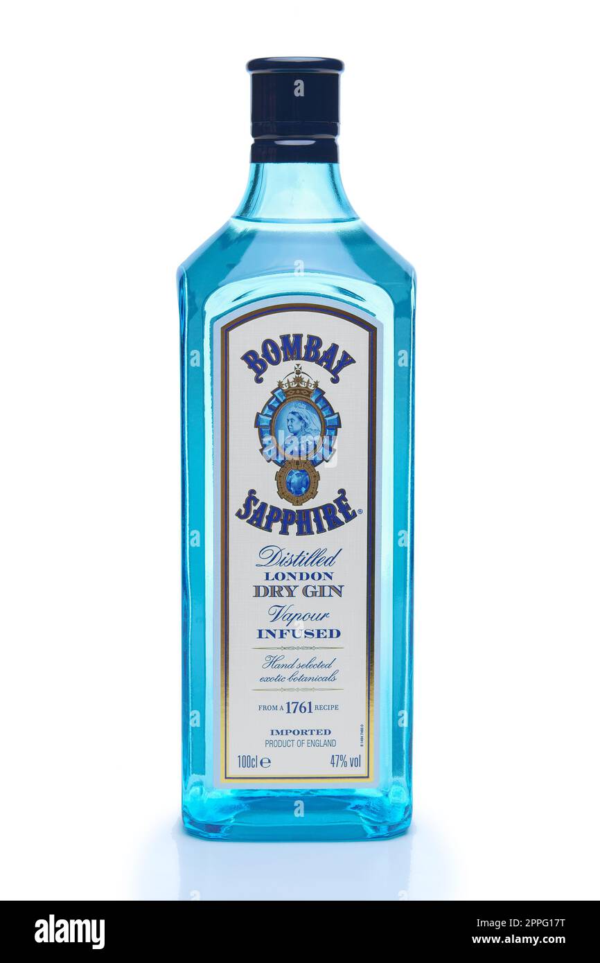April 22, 2017, Belarus, Minsk - vertical photo of Bombay Sapphire bottle with shadow isolated on white. Stock Photo