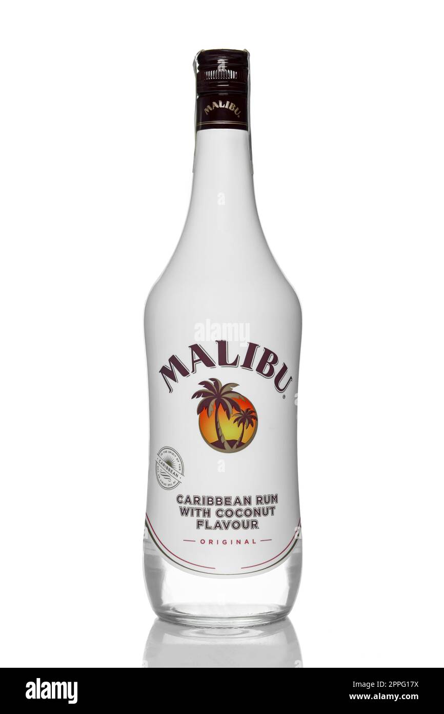 MINSK, BELARUS, APRIL 29, 2017 - Malibu Rum is a flavored rum-based liqueur made with natural coconut extract, produced by West Indies Rum Distillery Ltd. on Barbados Stock Photo