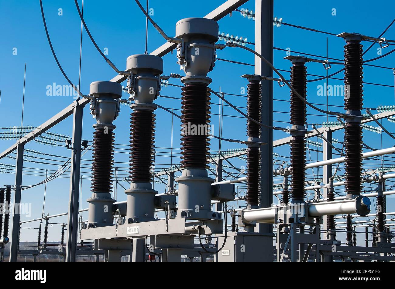 Electricity mast or overhead line mast for power supply and power distribution in the power grid Stock Photo