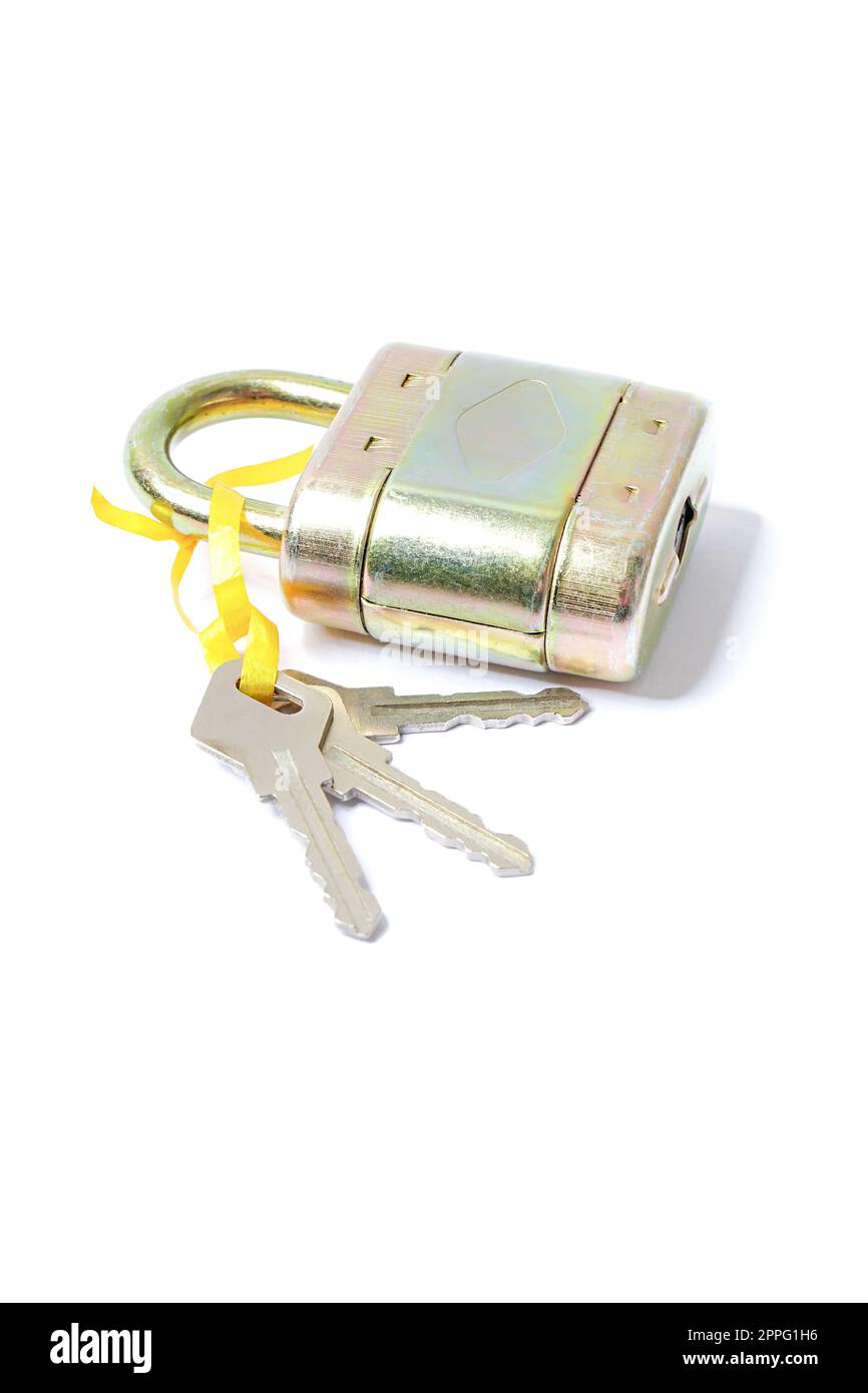 Big padlock with key, still life, closeup and detailed view Stock Photo