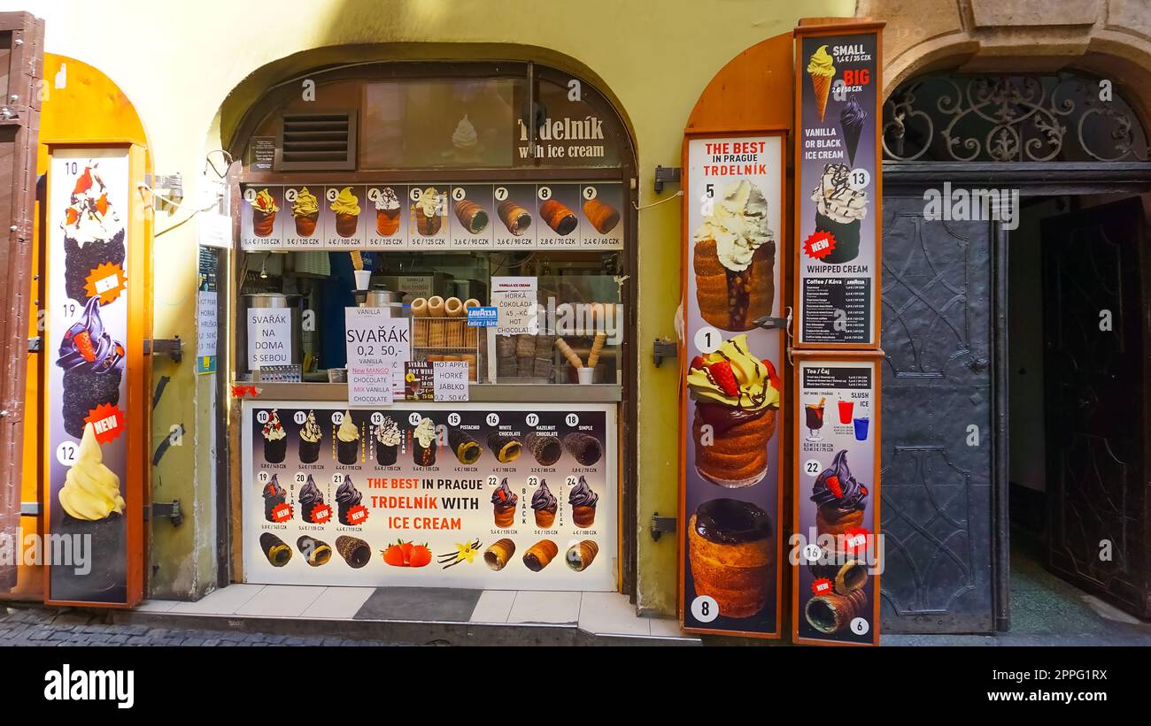 Prague, Czech Republic - May 11, 2022: The traditional Czech street food - trdelnik Stock Photo