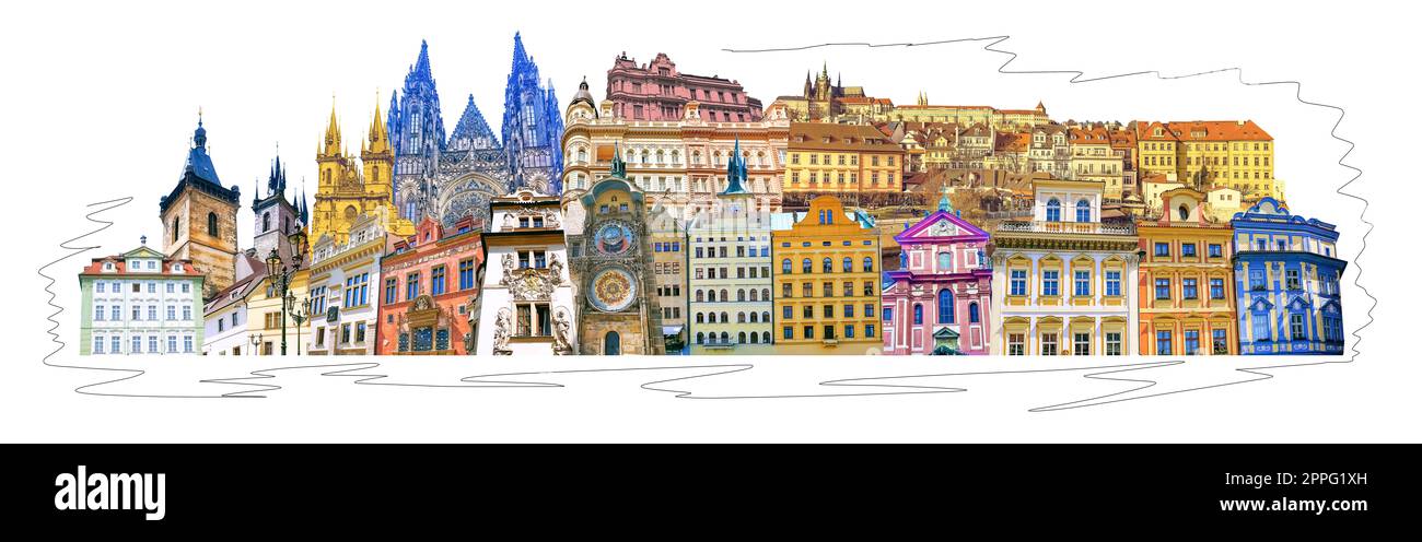 The collage about old town old town Prague, Czech republic. Art design. Stock Photo