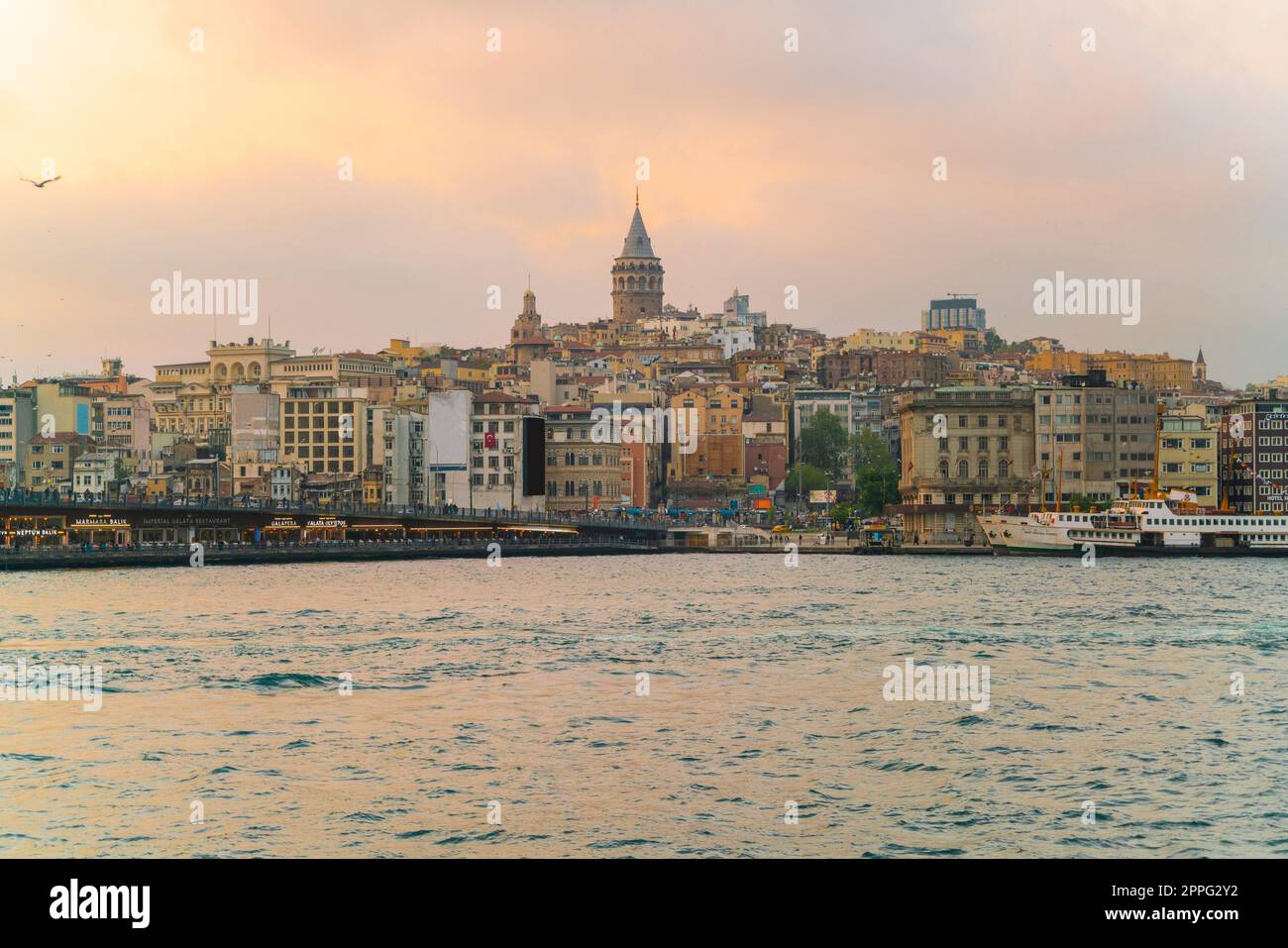 Ortakoy and Galata tower on the golden horn, Istanbul, Turkey Stock Photo