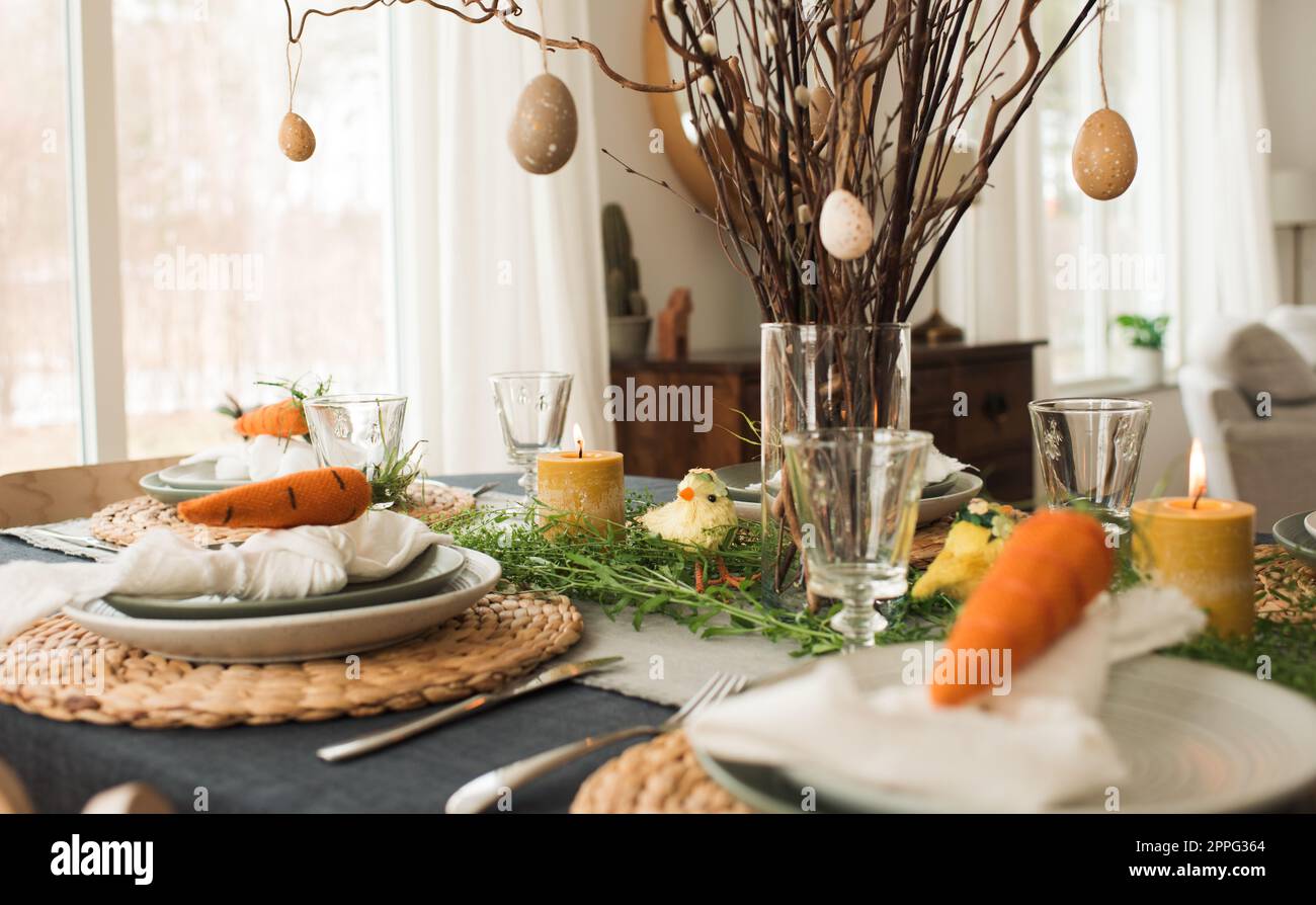 easter table decorations ready for a celebration at home Stock Photo