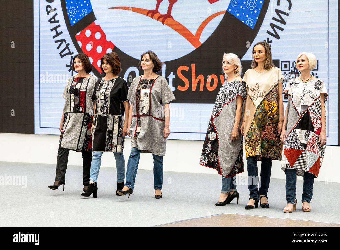 fashion display of patchwork clothing in Moscow Stock Photo