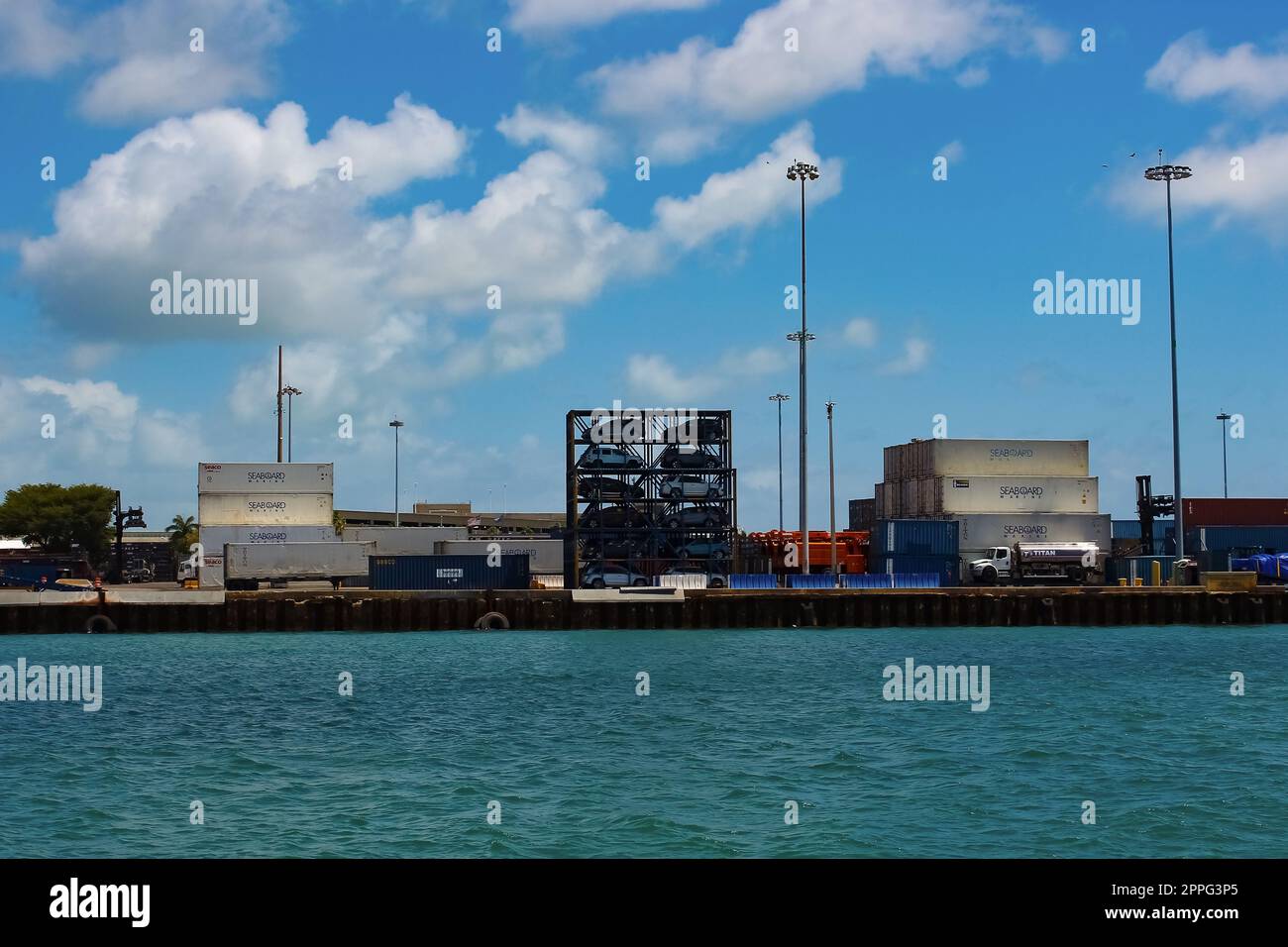 Many containers at Port Miami, one of the largest cargo ports in the US. Stock Photo