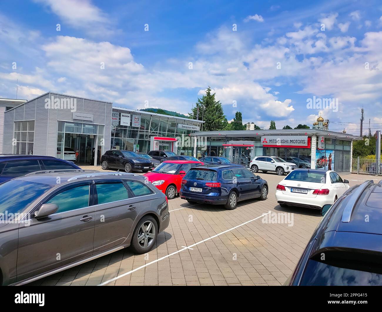 Sign at the entrance to the official Mitsubishi dealership. Mitsubishi