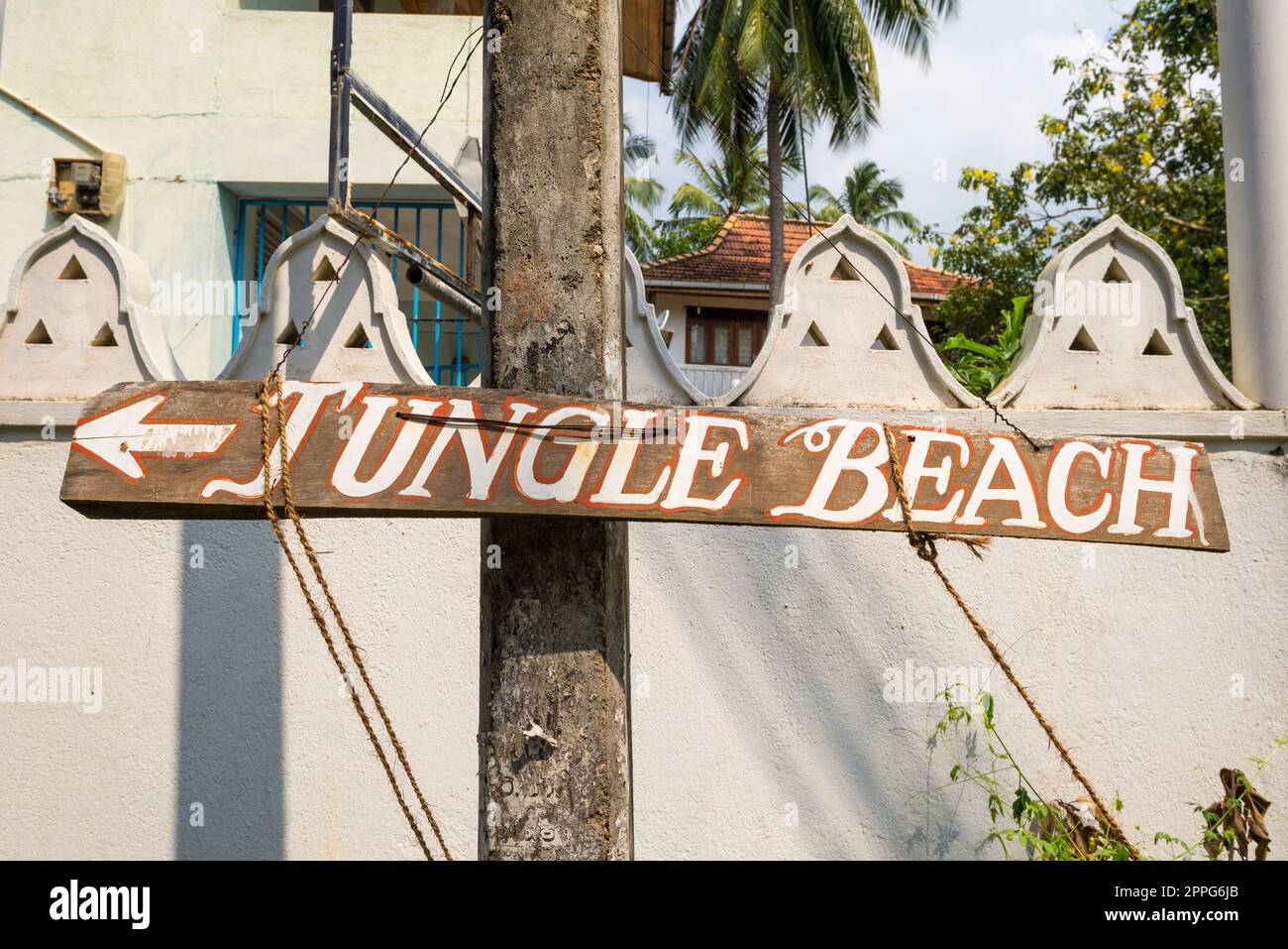 Follow the sign to the Jungle Beach in Unawatuna in Sri Lanka Stock Photo