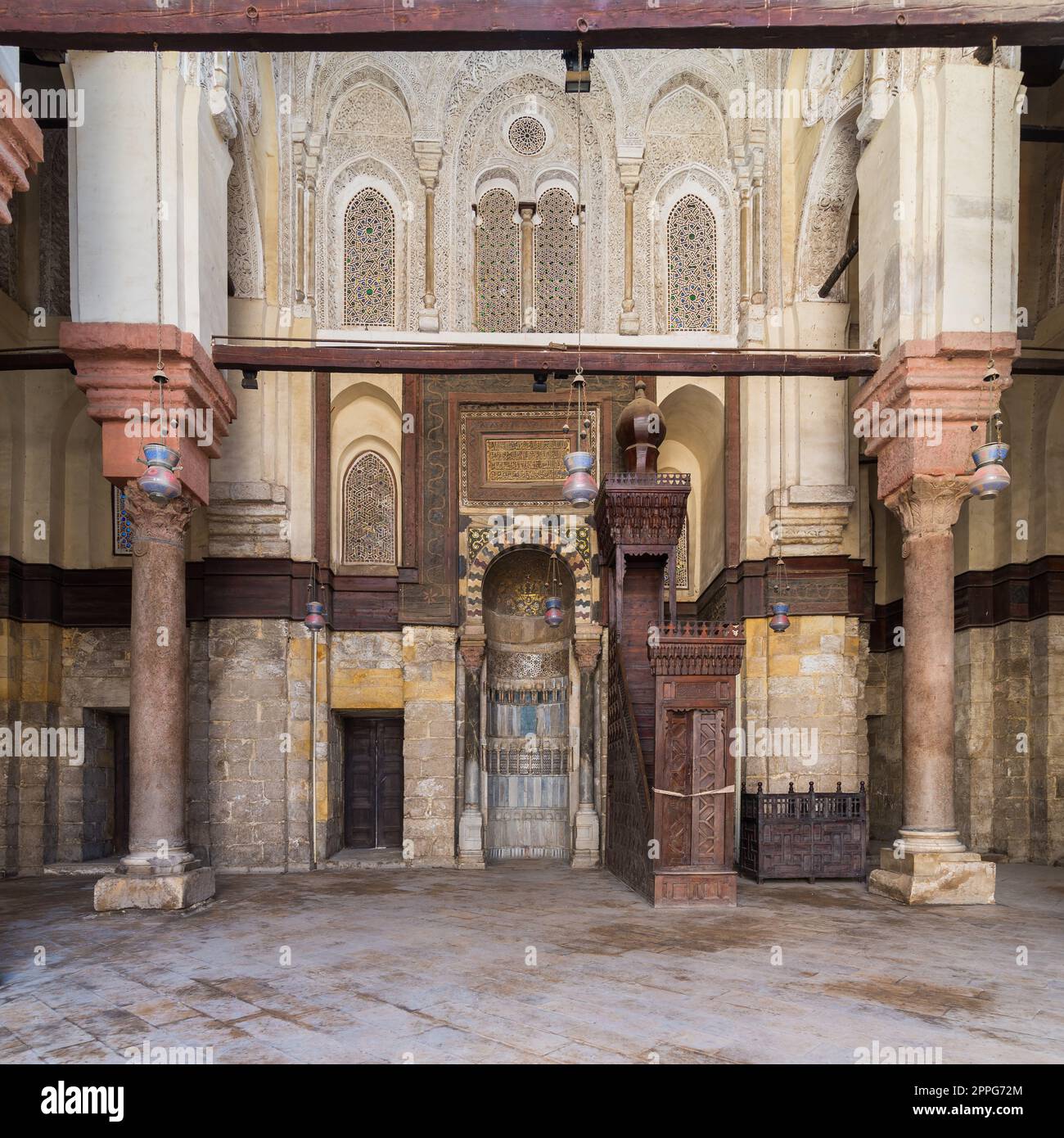 Niche - Mihrab - and pulpit - Minbar - of Mosque of Sultan Qalawun, Old Cairo, Egypt Stock Photo
