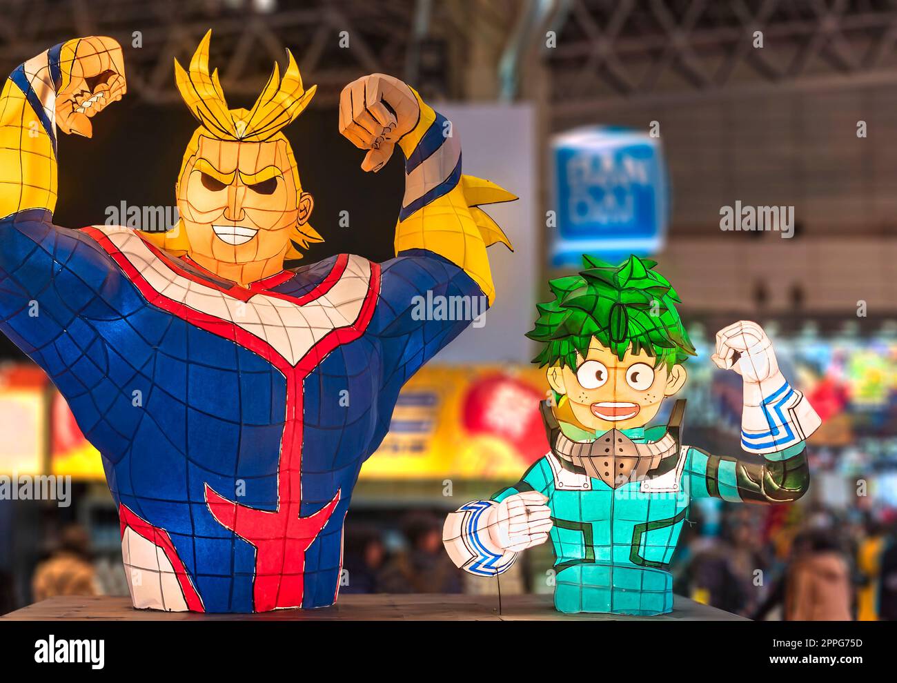 chiba, japan - december 22 2018: Illuminated Nebuta lanterns handmade of painted washi paper and wire frame depicting manga and anime characters of My Hero Academia during the convention Jump Festa 19 Stock Photo