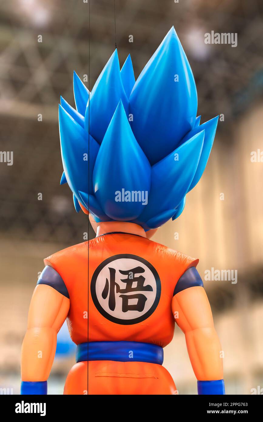 chiba, japan - december 22 2018: Huge inflatable structure of the back of Son Goku character from the anime and manga serie of Dragon Ball floating under the ceiling of the anime convention Jump Festa Stock Photo