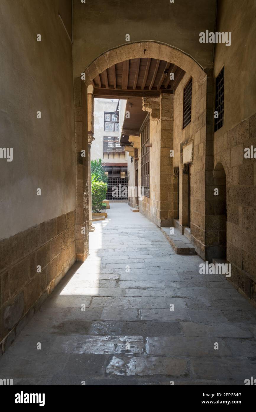 Stone bricks vaulted entrance of historic Beit El Sehemy house, Cairo, Egypt Stock Photo