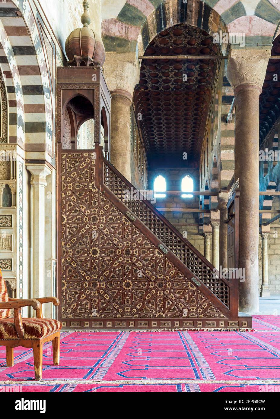 Minbar decorated with arabesque geometrical patterns, historic ibn Qalawun Mosque, Cairo, Egypt Stock Photo