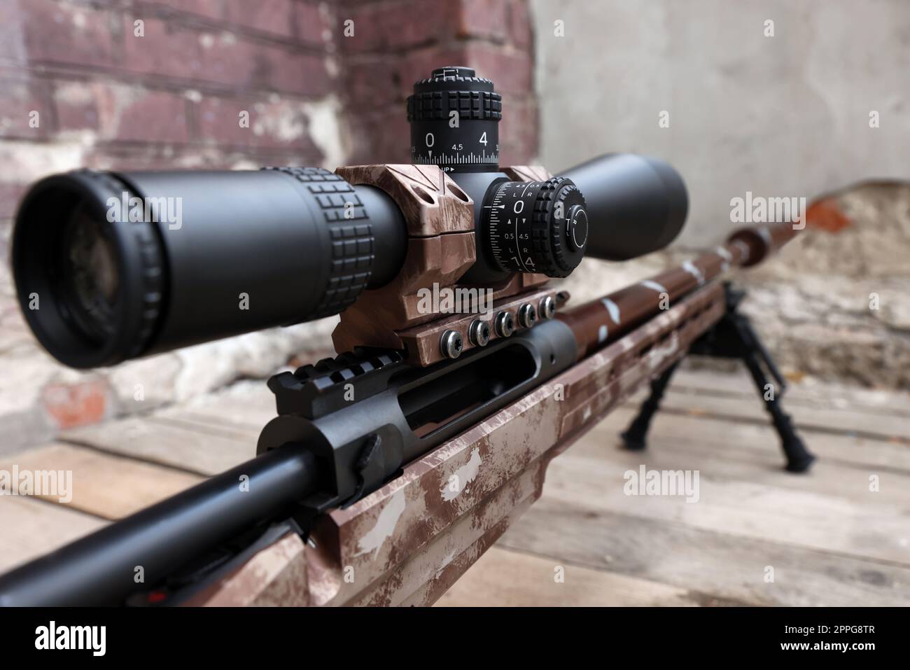 Closeup view of modern powerful sniper rifle with telescopic sight outdoors Stock Photo Alamy