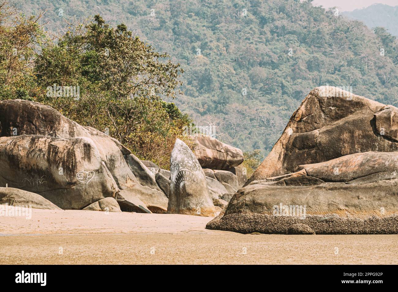 Anjadip, Goa, India. Big Cobblestones Standing On Famous Palolem Beach In Summer Sunny Day Stock Photo