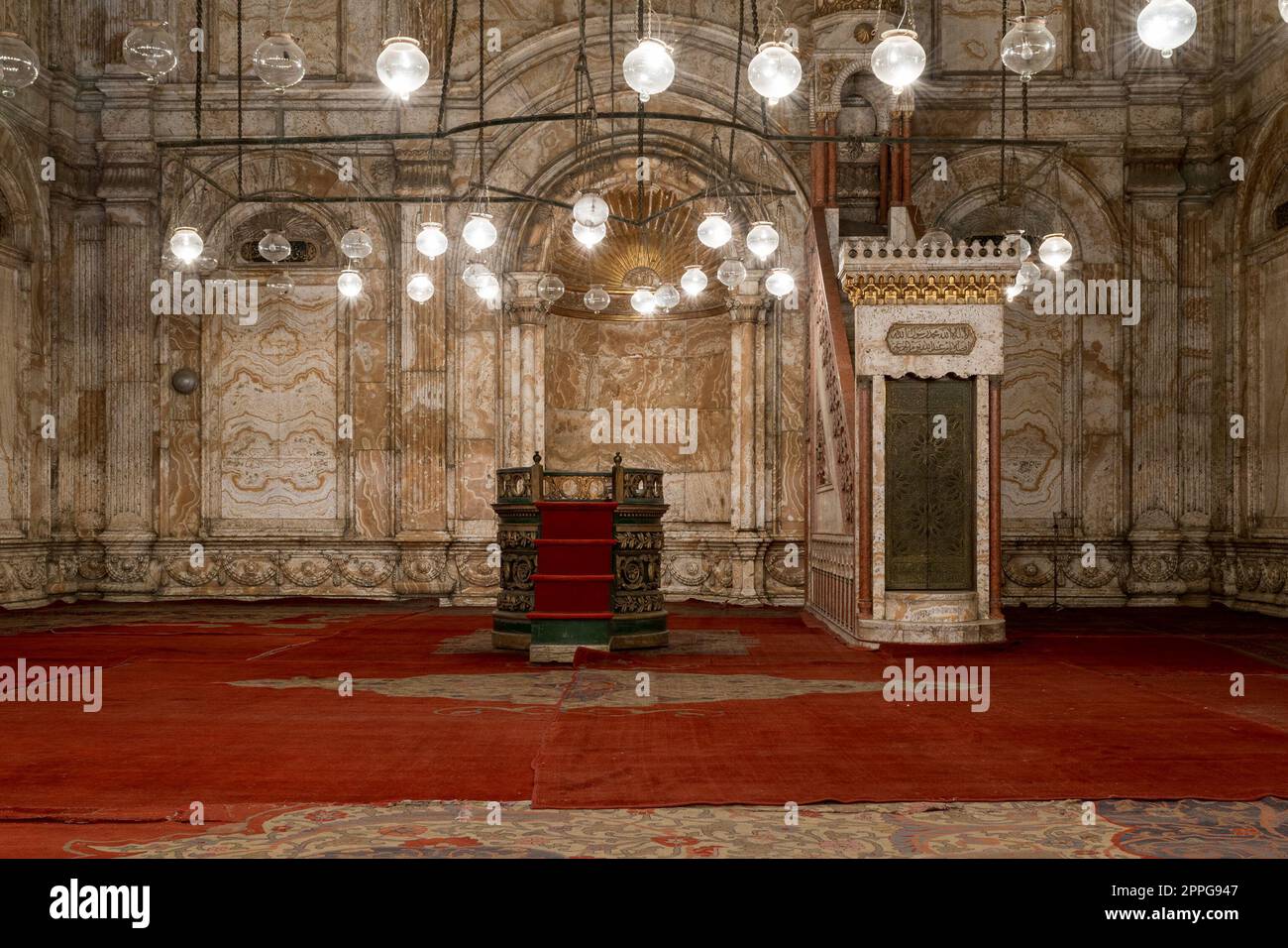 Decorated alabaster marble wall with engraved niche Mihrab and