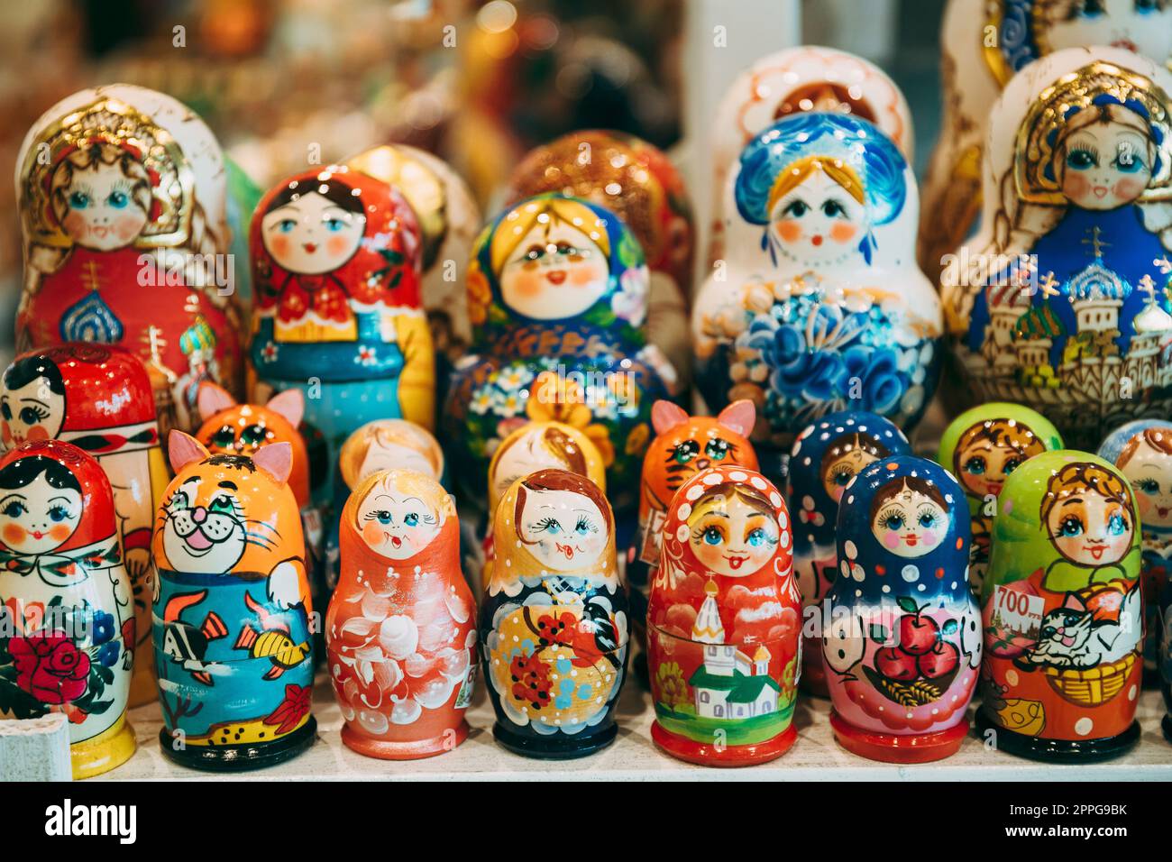 Colorful Russian Nesting Dolls Matreshka At Market. Stock Photo