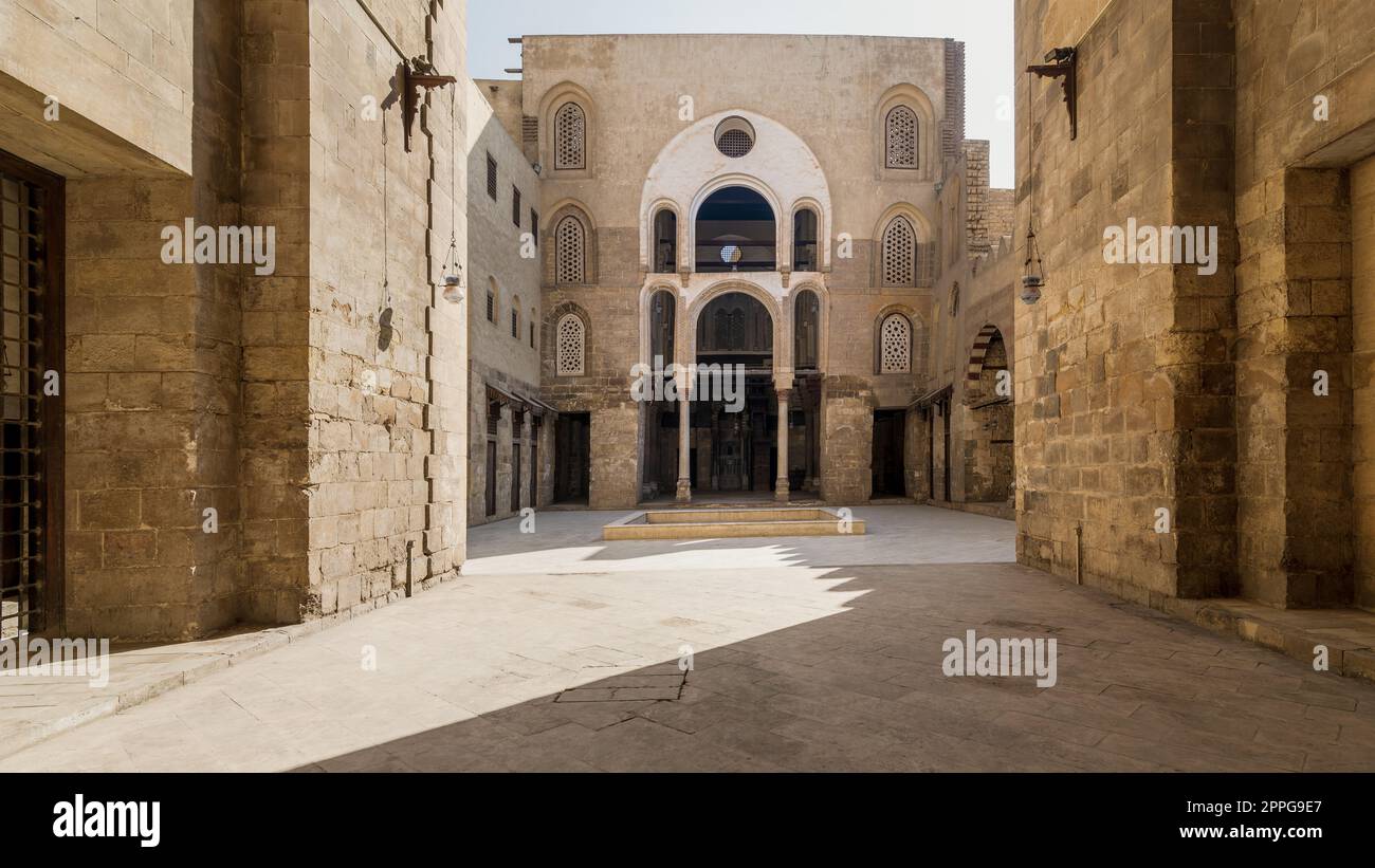 Main Iwan at courtyard of public historic mosque of Sultan Qalawun, Moez Street, Cairo, Egypt Stock Photo