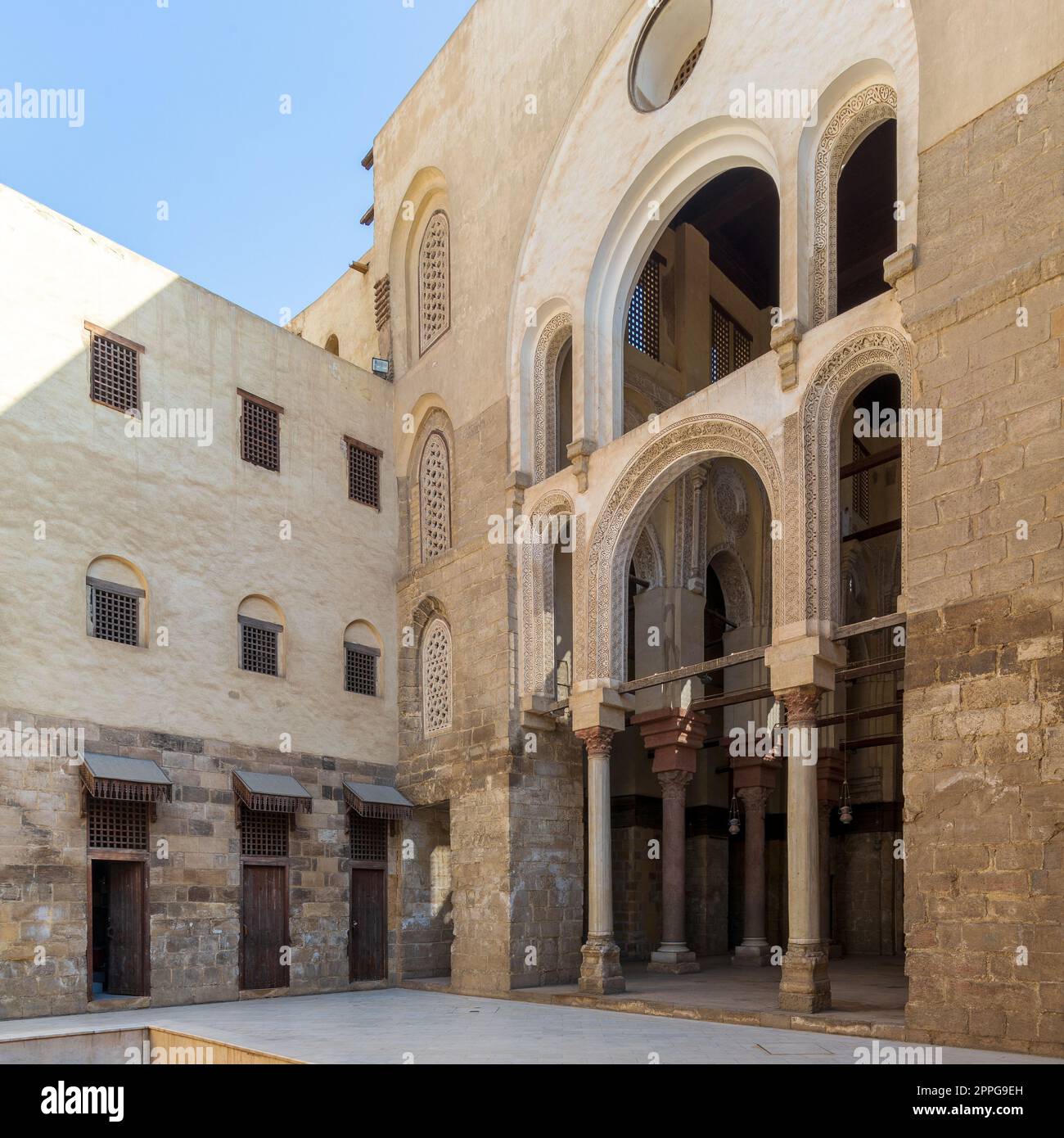 Courtyard of public historic mosque of Sultan Qalawun, Moez Street, Medieval Cairo, Egypt Stock Photo