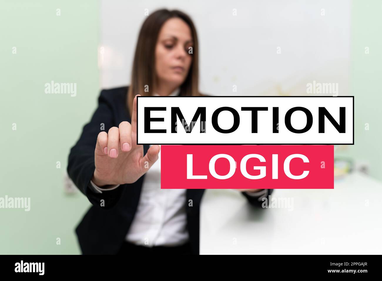 Hand writing sign Emotion Logic. Business idea Heart or Brain Soul or Intelligence Confusion Equal Balance Stock Photo