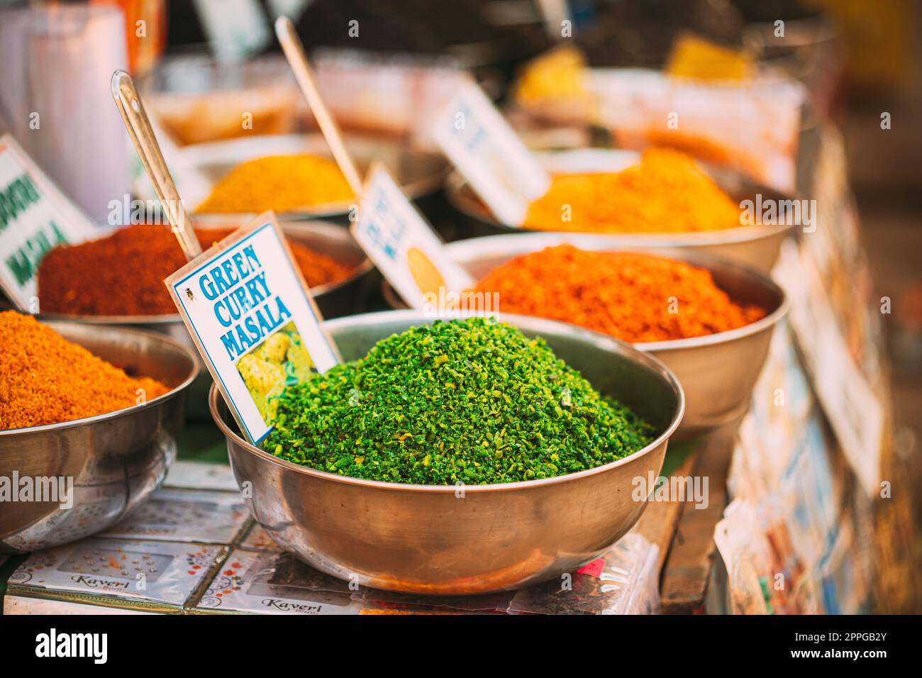 Canacona, Goa, India. Close View Of Coconut Green Masala, Bright Green Color Fragrant Seasoning, Condiment In Tray On Local Food Market, Bazaar Stock Photo