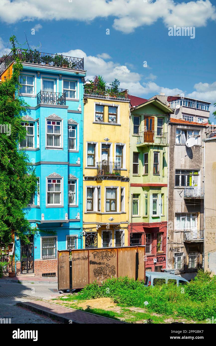 Traditional colorful old houses in Balat district, on a summer, Istanbul, Turkey Stock Photo