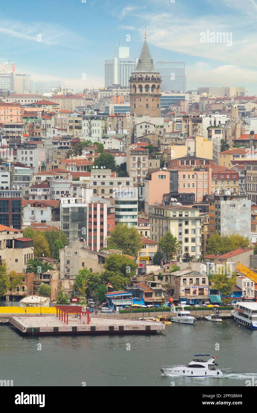 Istanbul city view of Golden Horn, from the sea with Galata Tower in the far end, Turkey Stock Photo