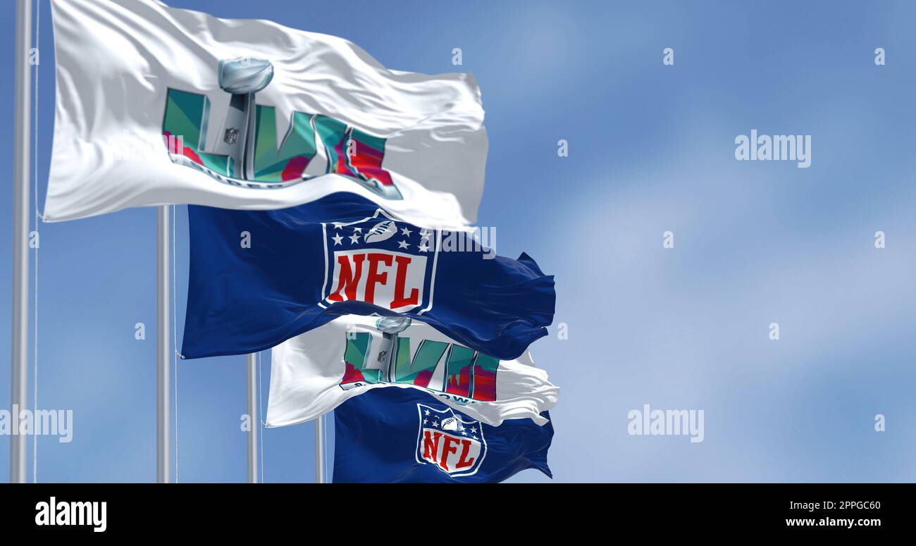 Flags of he 57th Super Bowl and NFL waving in the wind Stock Photo