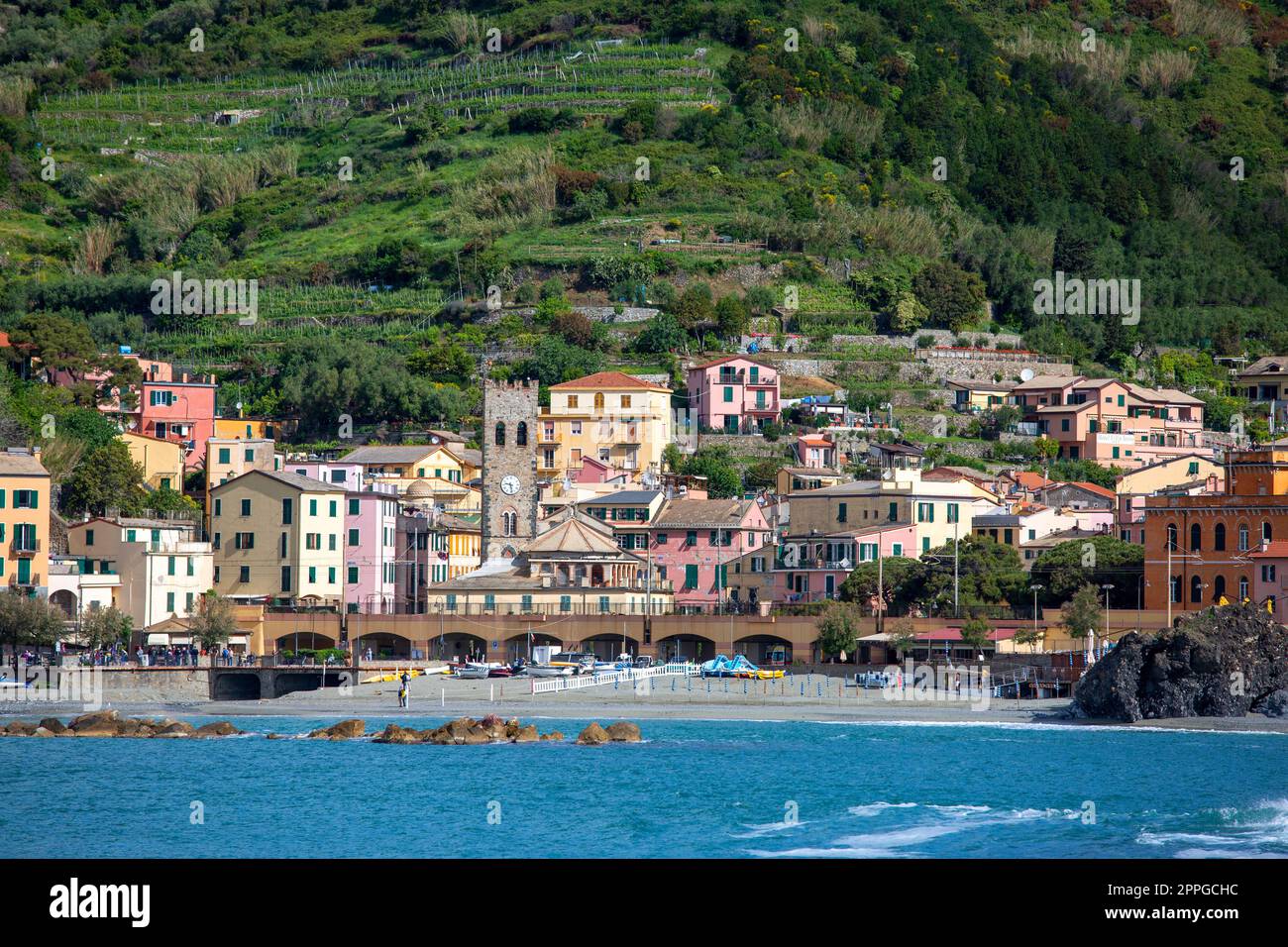 View on seaside and typical colorful houses in small village, Riviera di Levante, Monterosso