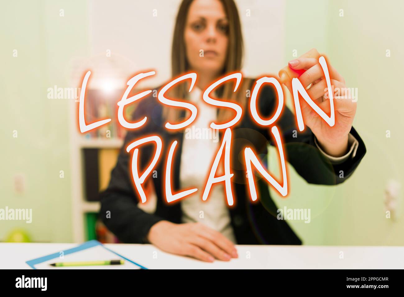 Sign displaying Lesson Plan. Concept meaning a teacher's detailed description of the course of instruction Stock Photo