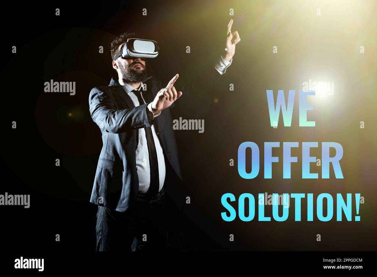 Text sign showing We Offer Solution. Internet Concept give means of solving problem or dealing with situation Stock Photo