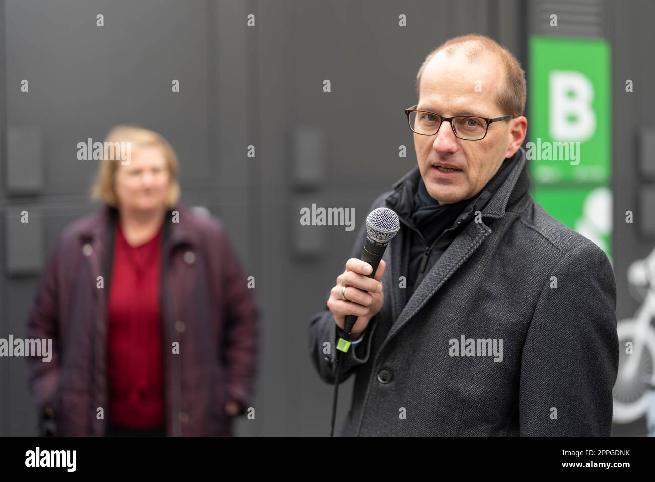 Arne Petersen (new managing director of GB infraVelo GmbH) at the opening of the pilot operation for ParkYourBike, the Berlin-wide standardized booking, access and billing system for secure bicycle parking, starts at Rathaus SchÃ¶neberg. Stock Photo