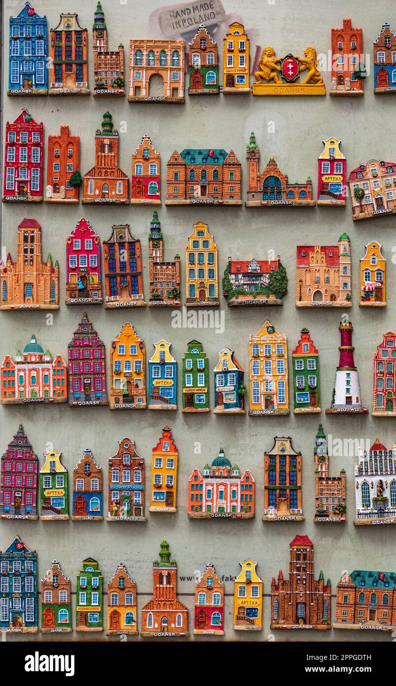 Rows of fridge magnet souvenirs from Gdansk displayed on stillage Stock Photo