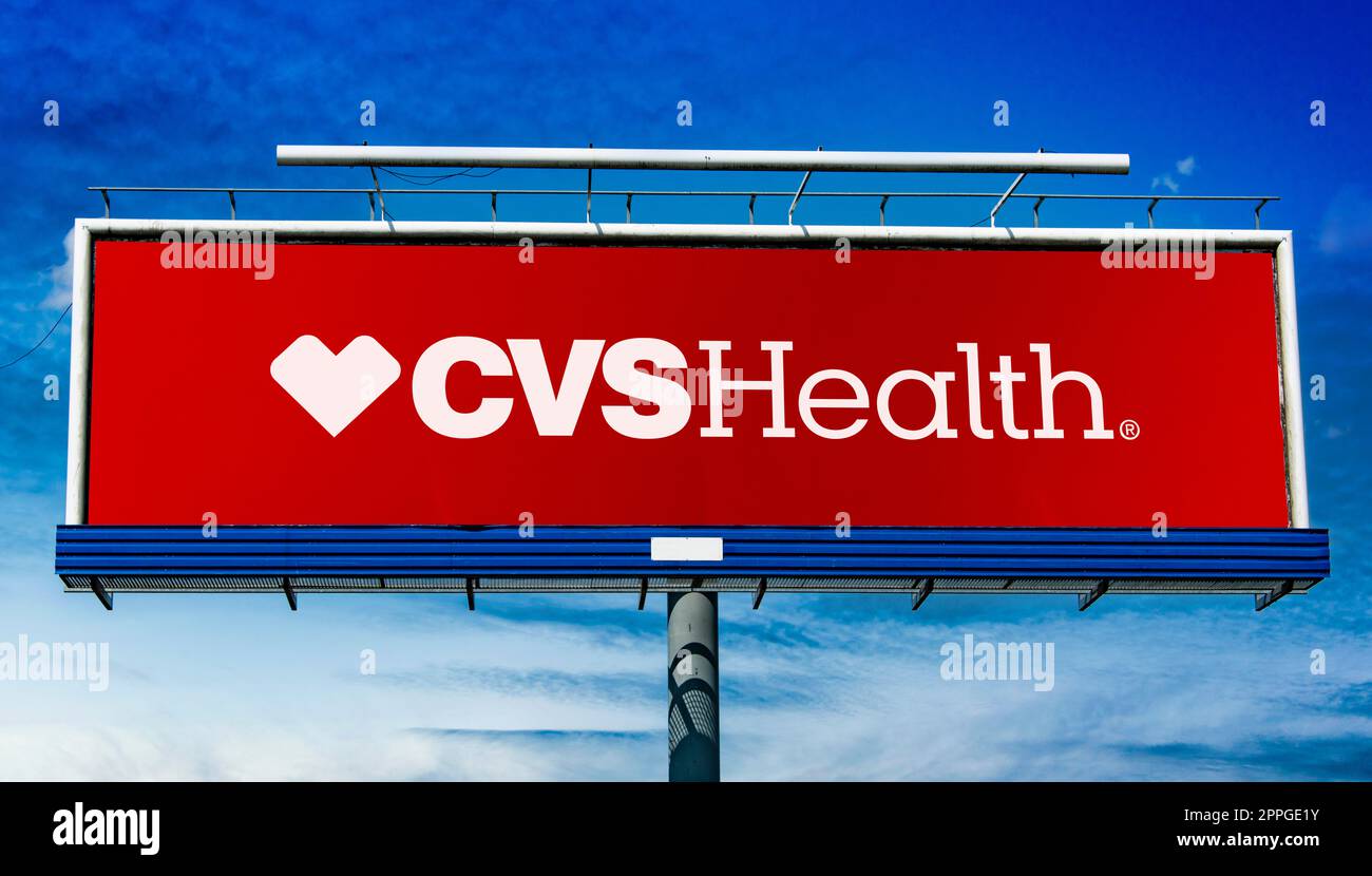 Advertisement billboard displaying logo of CVS Health Corp Stock Photo