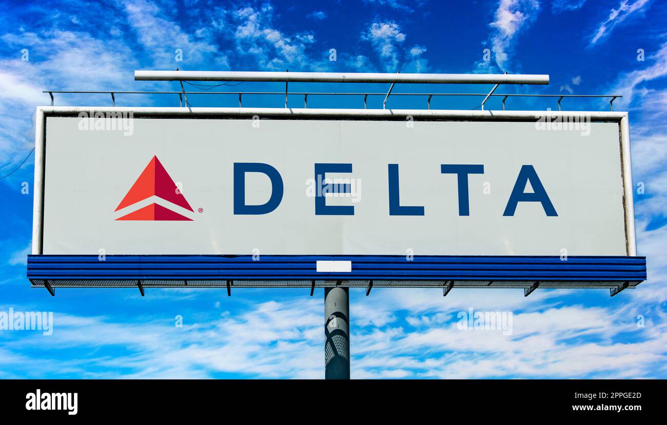 Advertisement billboard displaying logo of Delta Air Lines Stock Photo