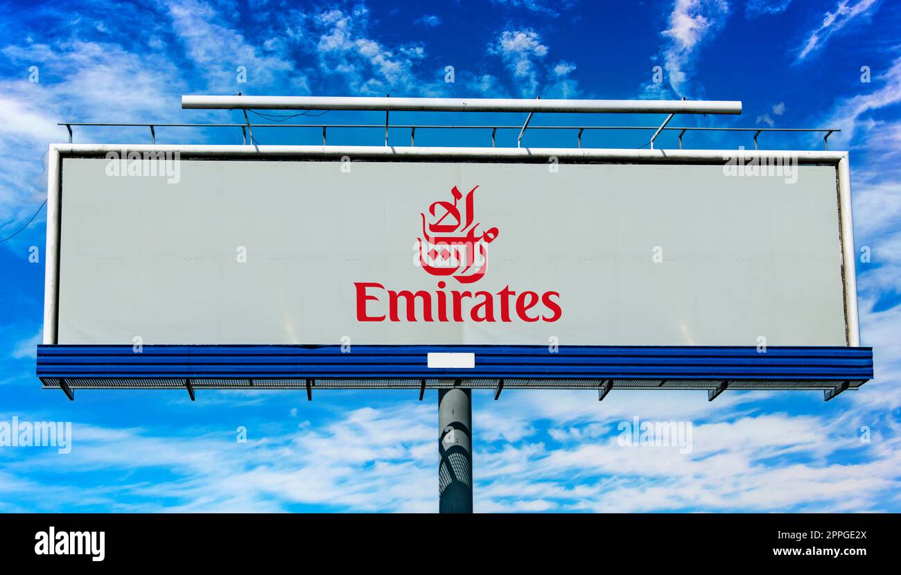 Advertisement billboard displaying logo of Emirates Stock Photo