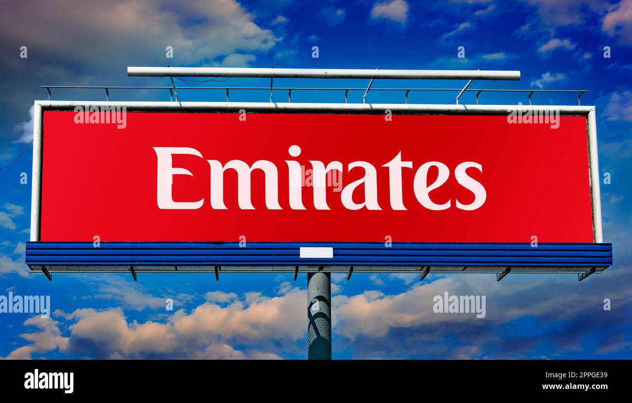 Advertisement billboard displaying logo of Emirates Stock Photo