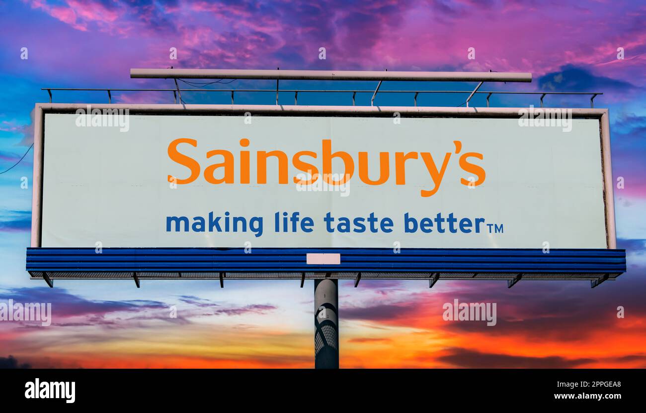 Advertisement billboard displaying logo of Sainsbury's Stock Photo - Alamy