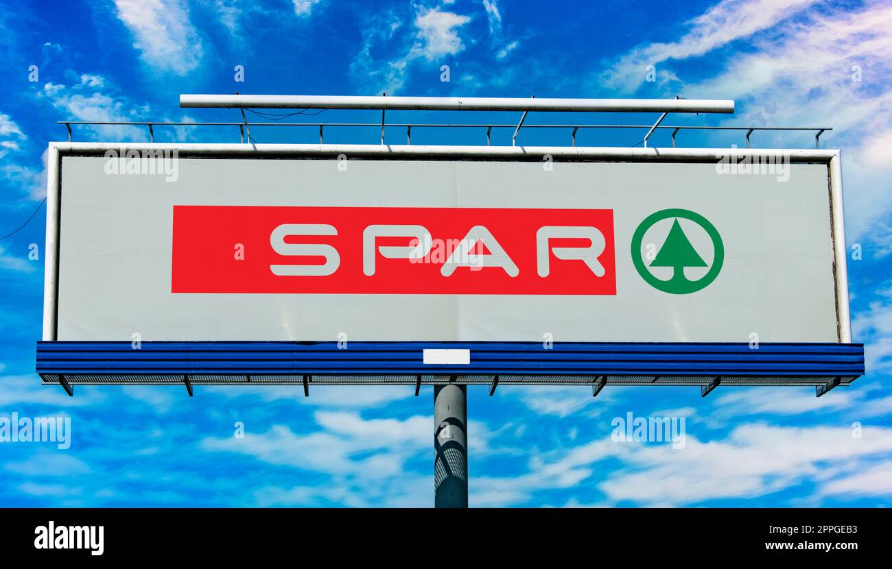 Advertisement billboard displaying logo of SPAR Stock Photo