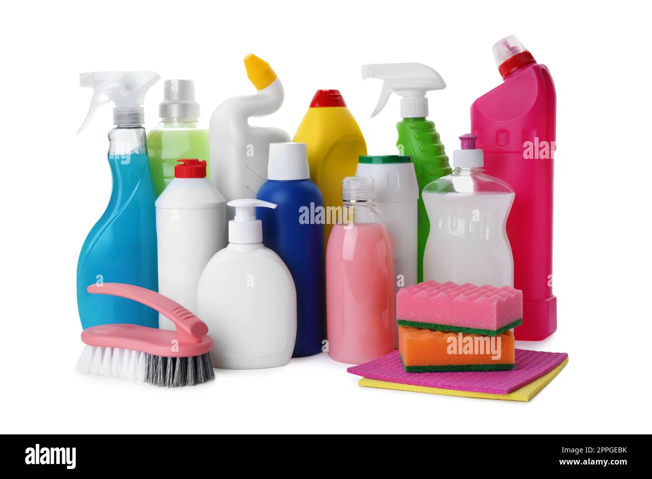 Set Of Different Cleaning Supplies On White Background Stock Photo - Alamy