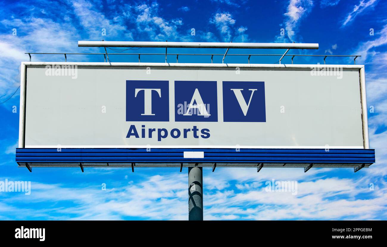 Advertisement billboard displaying logo of TAV Airports Holding Stock Photo