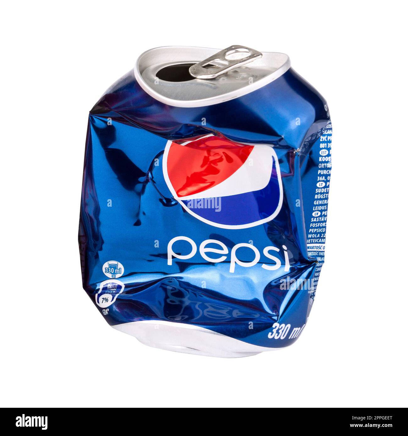 Crushed Pepsi cola can isolated Stock Photo