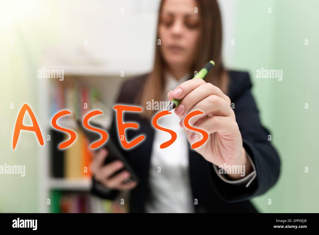 Text caption presenting Assess. Word for evaluate or estimate the nature ability quality of product Service Stock Photo