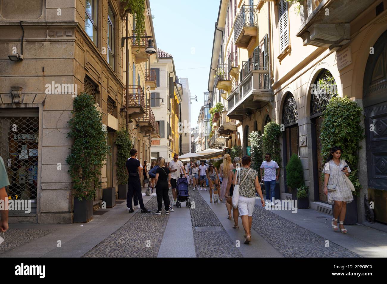 MILAN, ITALY - AUGUST 13, 2022: Typical street in neighborhood Brera in Milan, Italy Stock Photo