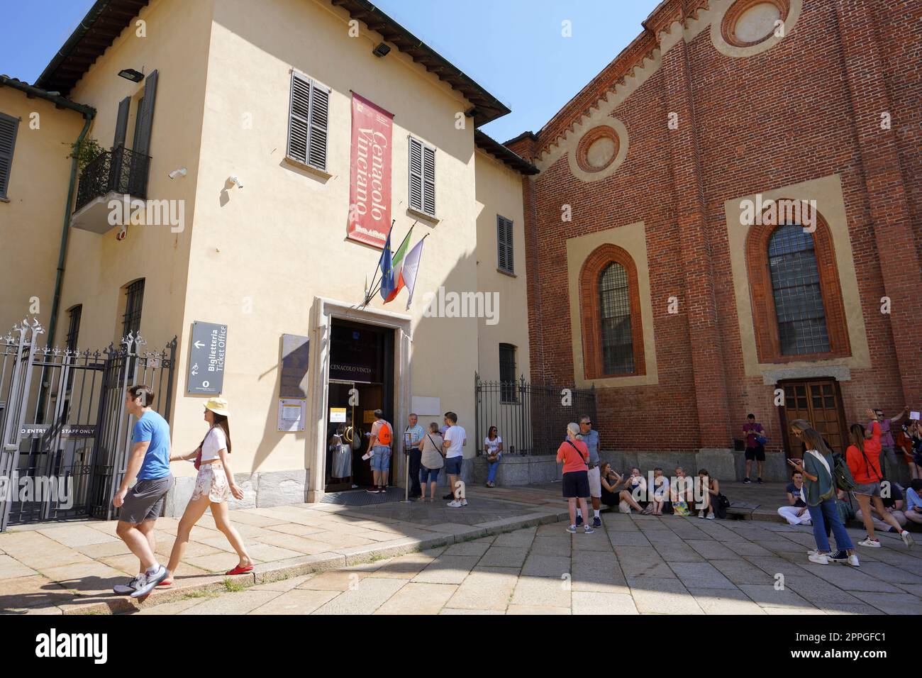 MILAN, ITALY - AUGUST 13, 2022: Ticket office near Basilica Santa Maria delle Grazie church which preserves 'The Last Supper' by Leonardo da Vinci, Milan, Italy Stock Photo