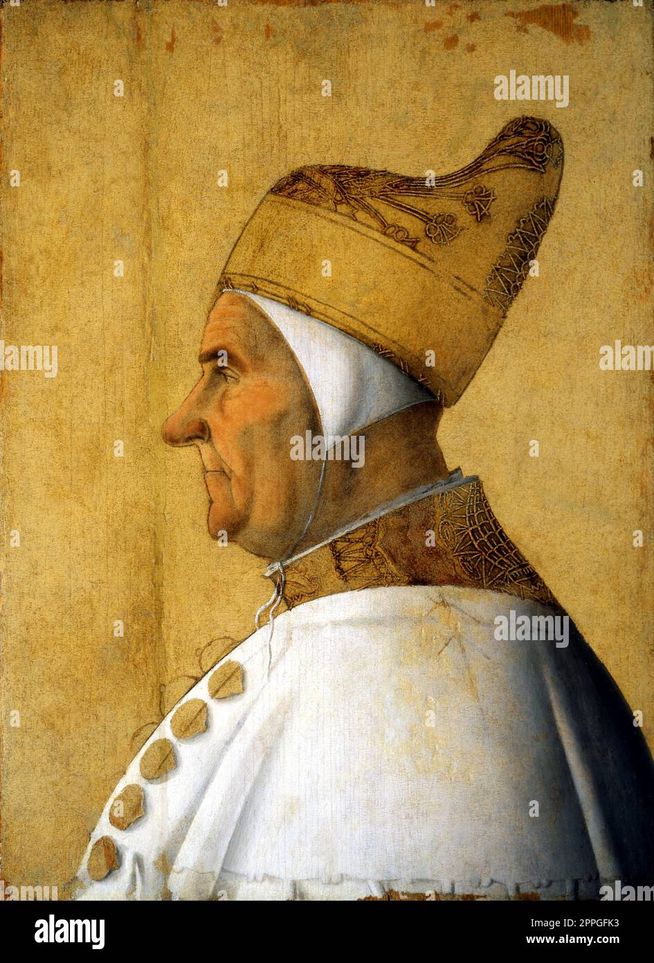 Italy / Venice: Giovanni Mocenigo (1408 - 4 November 1485), Doge of Venice (1478-1485). Tempera on panel painting by Gentile Bellini (1429-1507), c. 1478-1479.  Giovanni Mocenigo was Doge of Venice (r. 1478-1485), hailing from a very distinguished family. His brother, Pietro Mocenigo, had served as Doge before him.  He fought at sea against the Ottoman Sultan Mehmed II and on land against Ercole I d'Este, Duke of Ferrara, from whom he recaptured Rovigo and the Polesine. His dogaressa was Taddea Michiel (d. 1479), who was the last dogaressa to be crowned in Venice until Zilia Dandolo in 1557. Stock Photo