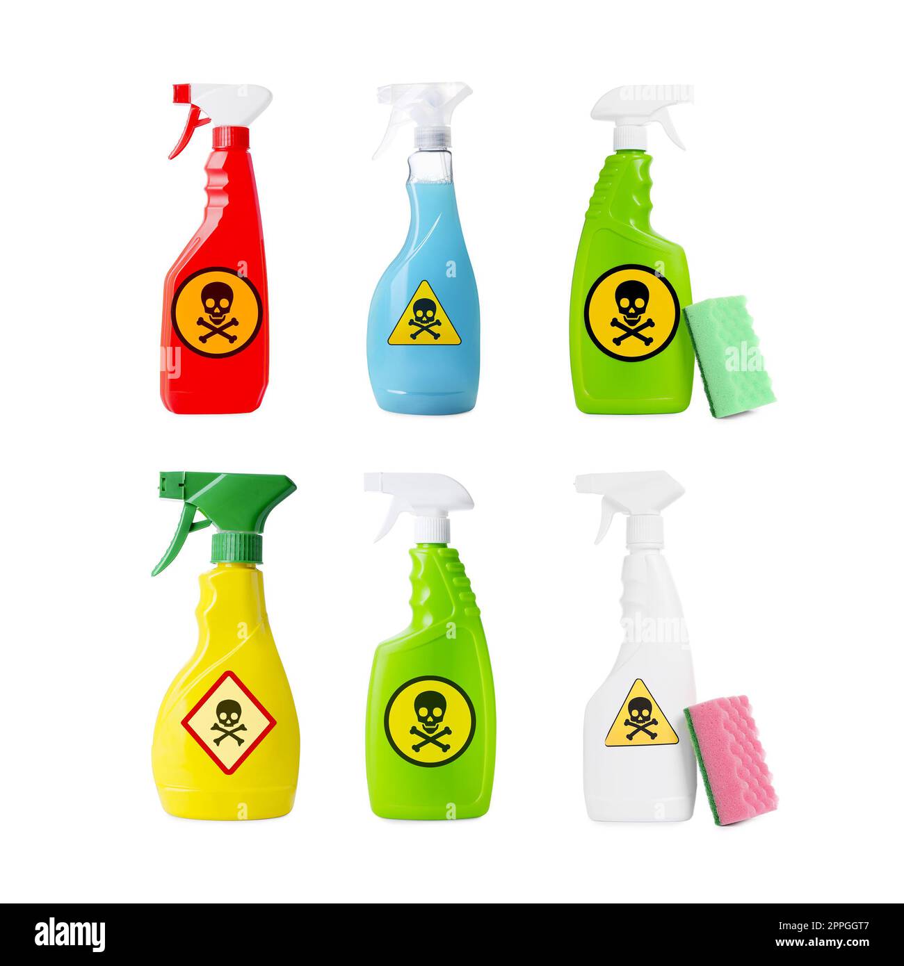 Set with different toxic household chemicals with warning signs on