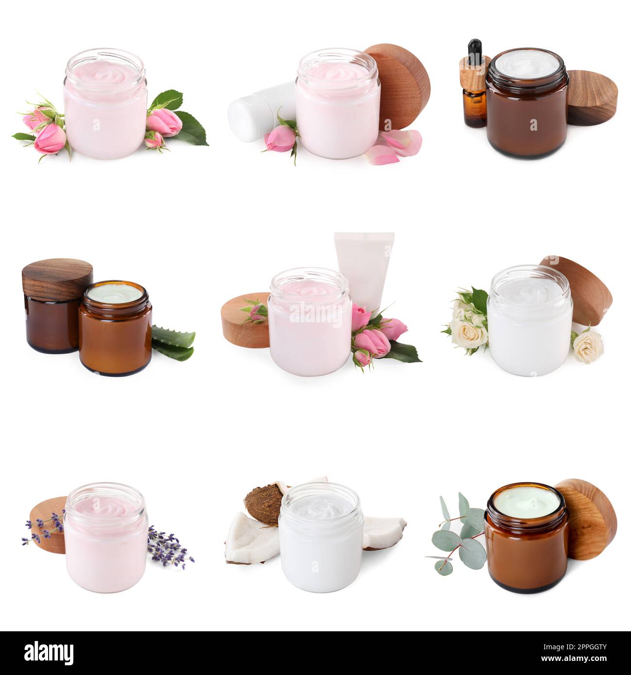 Set of different containers with hand creams on white background Stock