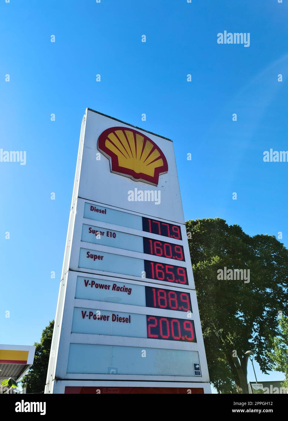 Kiel, Germany 20. August 2022 Shell brand petrol station price list