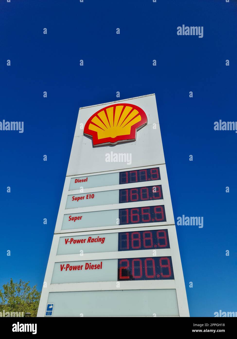 Kiel, Germany 20. August 2022 Shell brand petrol station price list